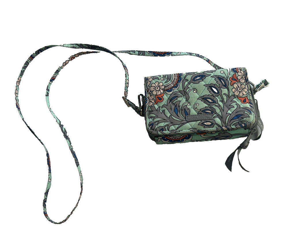 Vera Bradley Teal Cross Body Floral Tri-Fold Clutch Wallet with Detachable Strap